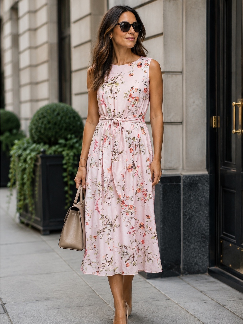 ANNE KLEIN Women's Pale Pink Floral Sleeveless Tie Front Midi Dress 12 NEW